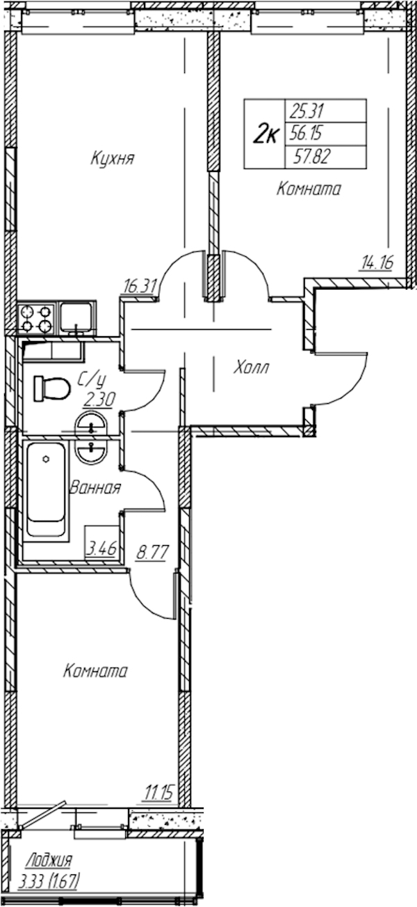 2-комнатная квартира 57.82 м², 2/22 эт., ЖК «Парк-квартал Юнтолово»